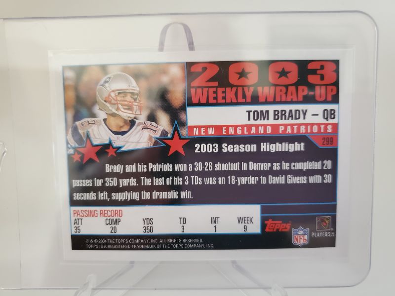 Photo 2 of 2004 TOPPS TOM BRADY!!!
WOW IS THIS A SHARP EARLY TOM BRADY CARD GET IT GRADED!!