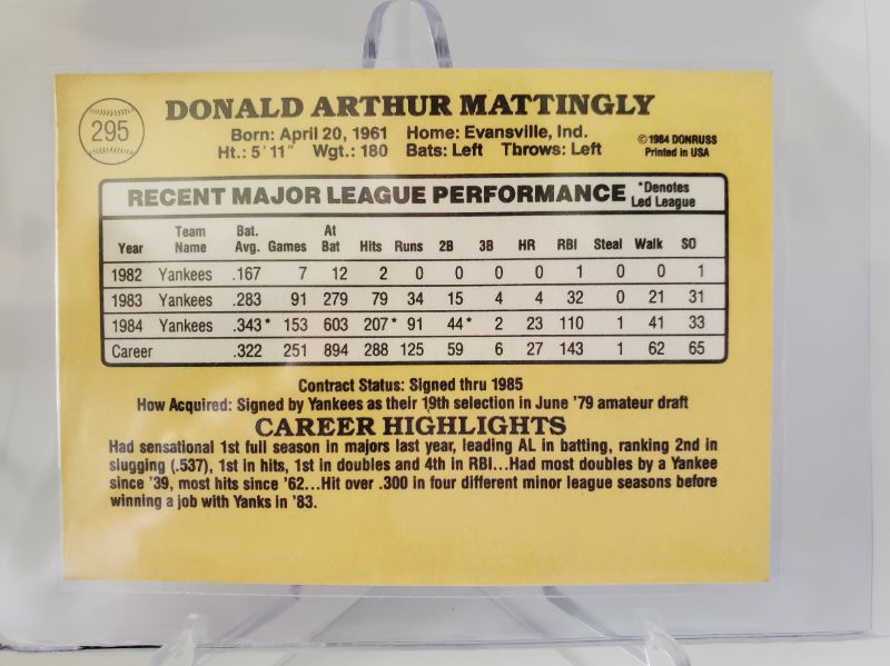 Photo 2 of 1985 DONRUSS DON MATTINGLY!!
A TOUGH CARD TO FIND THIS NICE!!