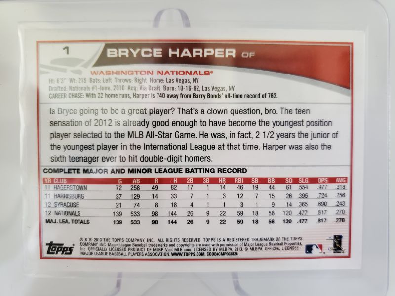 Photo 2 of 2013 TOPPS BRYCE HARPER ROOKIE CARD!!
WOW IS THIS A NICE ONE HERE!!!