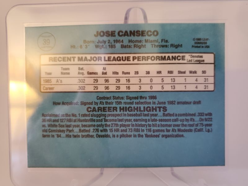 Photo 1 of 1986 DONRUSS JOSE CANSECO ROOKIE!!
CENTERED, SHARP CORNERS A REALLY HARD TO FIND LIKE THIS!!
