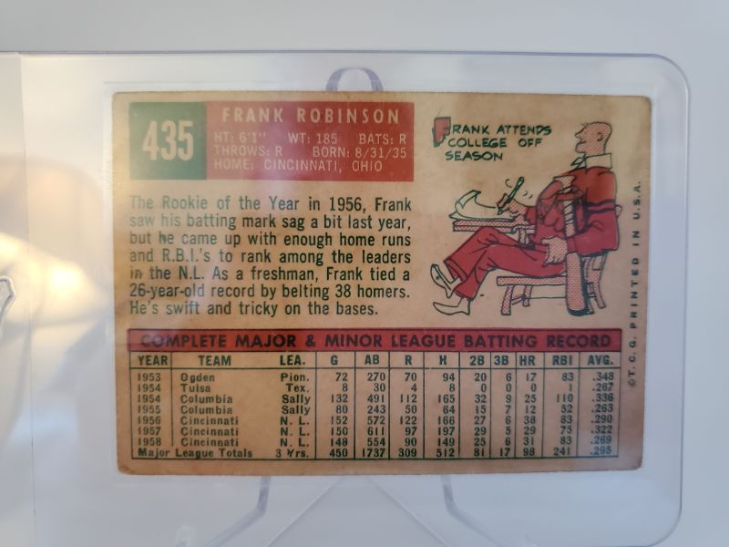 Photo 2 of 1959 FRANK ROBINSON CARD!!
GREAT SHAPE FOR A 62 YEAR OLD CARD!!