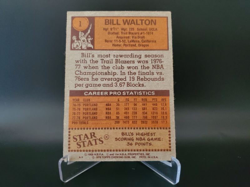 Photo 2 of 1978 TOPPS BILL WALTON!!  THE HALL OF FAMER AT HIS BEST!!!