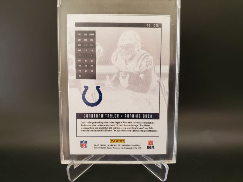 Photo 2 of 2020 PANINI JONATHON TAYLOR ROOKIE CARD!!  
WOW DID YOU SEE THE GAME THURSDAY!! A SURE FIRE PROBOWLER!!
EXTREMELY NICE CARD AND SHARP!!