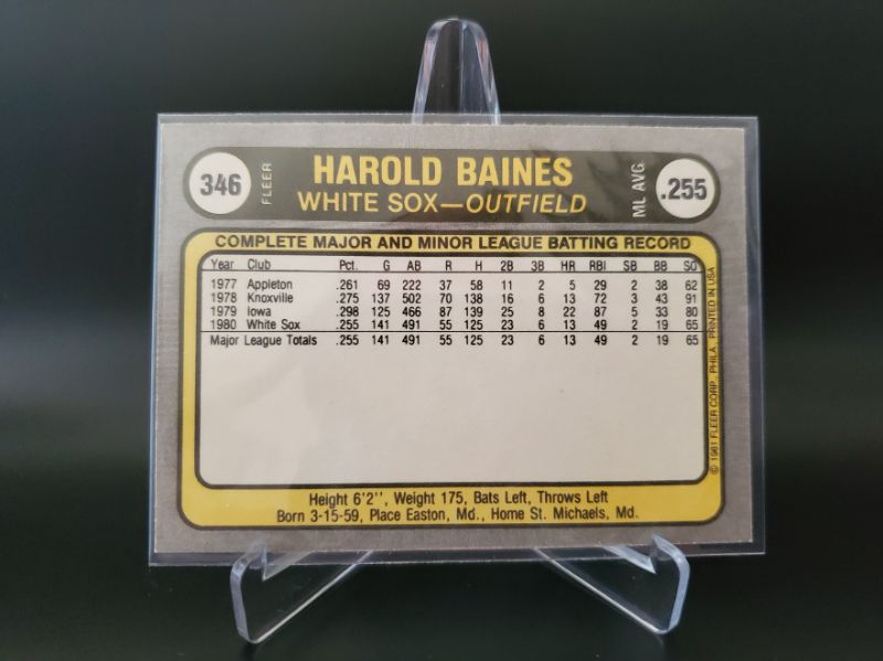 Photo 2 of 1981 FLEER HAROLD BAINES ROOKIE!!
IMMACULATE CARD OF THE HALL OF FAMER!!
GET IT GRADED!!