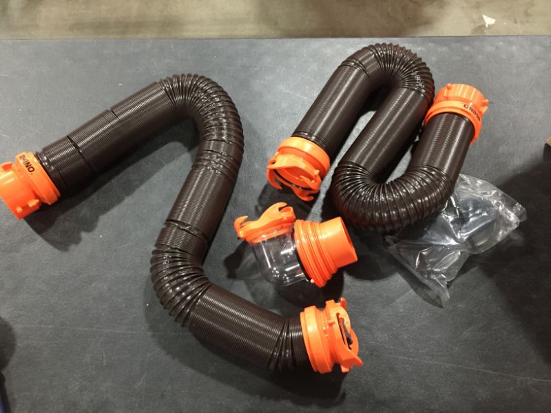 Photo 2 of Camco 20' (39742) RhinoFLEX 20-Foot RV Sewer Hose Kit, Swivel Transparent Elbow with 4-in-1 Dump Station Fitting-Storage Caps Included , Brown