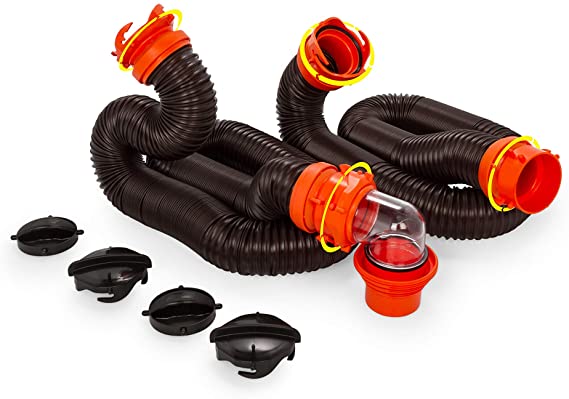 Photo 1 of Camco 20' (39742) RhinoFLEX 20-Foot RV Sewer Hose Kit, Swivel Transparent Elbow with 4-in-1 Dump Station Fitting-Storage Caps Included , Brown