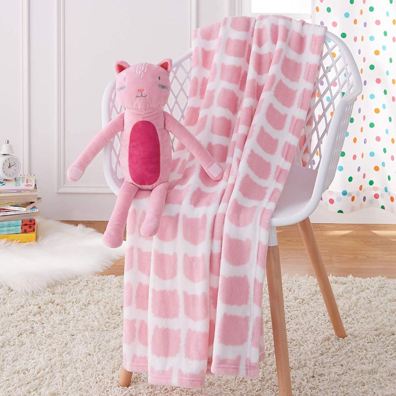 Photo 1 of Amazon Basics Kids Pink Kitties Patterned Throw Blanket with Stuffed Animal Cat
