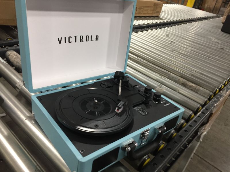 Photo 2 of Victrola Vintage 3-Speed Bluetooth Portable Suitcase Record Player with Built-in Speakers | Upgraded Turntable Audio Sound| Includes Extra Stylus | Turquoise, Model Number: VSC-550BT...PARTS ONLY.................!!!!!!!!!!!!!!!!!!!!!!!!!!!!!!!!!!!!!!
