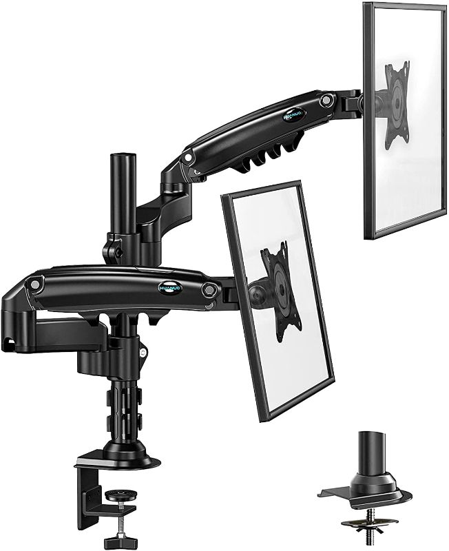 Photo 1 of HUANUO Dual Monitor Stand - Height Adjustable Gas Spring Double Arm Monitor Mount Desk Stand Fits Two 17 to 32 inch Screens with Clamp, Grommet Mounting Base, Each Arm Holds up to 19.8lbs