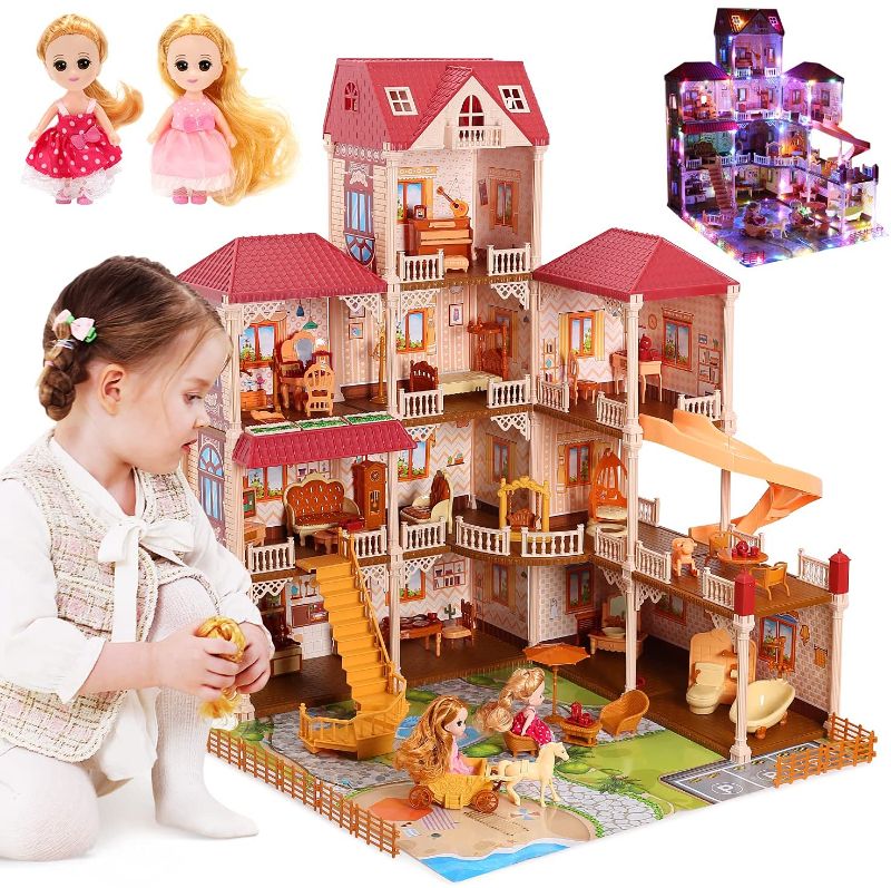 Photo 1 of CUTE STONE 11 Rooms Huge Dollhouse with 2 Dolls and Colorful Light, 34" x 32" x 28" Dream House Doll House Dreamhouse Gift for Girls