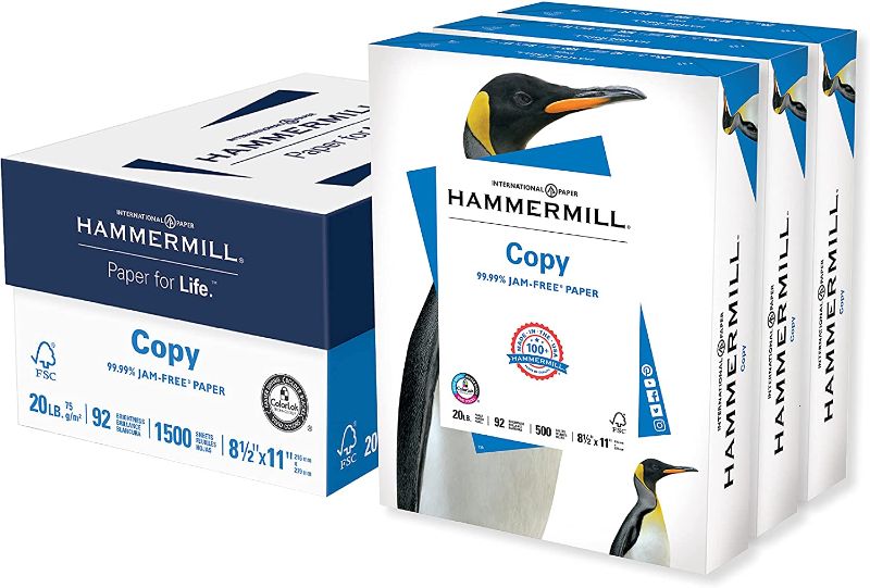 Photo 1 of Hammermill Printer Paper, 20 Lb Copy Paper, 8.5 x 11 - 3 Ream (1,500 Sheets) - 92 Bright, Made in the USA