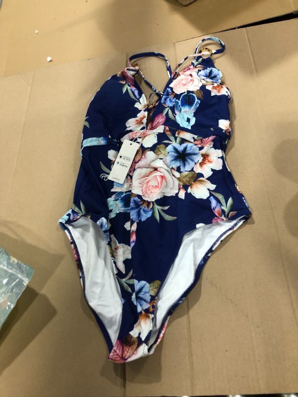 Photo 2 of Blue Floral Strappy One Piece Swimsuit, XL