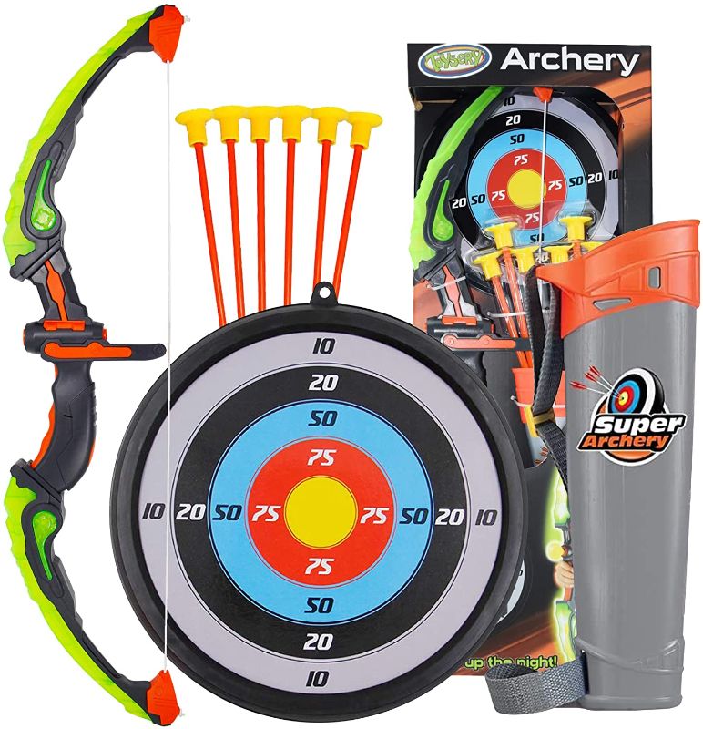 Photo 1 of Toysery Bow and Arrow for Kids with LED Flash Lights - Archery Set with 6 Suction Cups Arrows, Target, and Quiver, Practice Outdoor Toys Archery Set for Children Above 6 Years Old