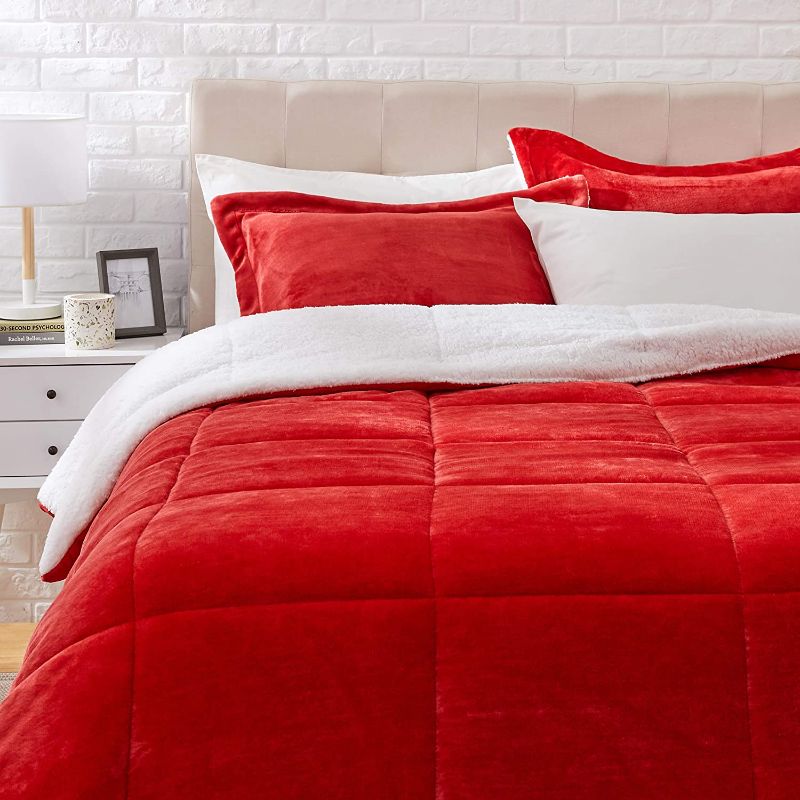 Photo 1 of Amazon Basics Ultra-Soft Micromink Sherpa Comforter Bed Set - Red, Full/Queen