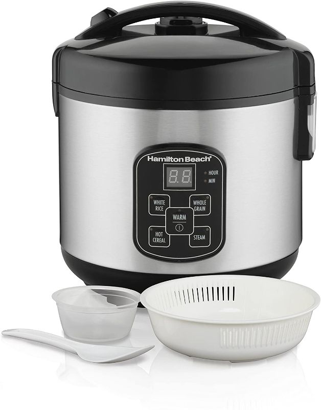 Photo 1 of Hamilton Beach Digital Programmable Rice Cooker & Food Steamer, 8 Cups Cooked (4 Uncooked), With Steam & Rinse Basket, Stainless Steel (37518)
