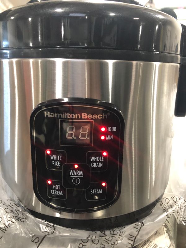 Photo 2 of Hamilton Beach Digital Programmable Rice Cooker & Food Steamer, 8 Cups Cooked (4 Uncooked), With Steam & Rinse Basket, Stainless Steel (37518)
