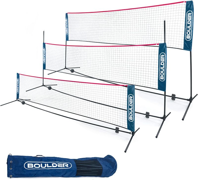 Photo 1 of Boulder Badminton Pickleball Net - Height Adjustable Portable Net for Junior Tennis, Kids Volleyball & Soccer, and Backyard Games - Easy Setup Nylon Sports Net with Poles 10 ft/14ft/17ft Wide
