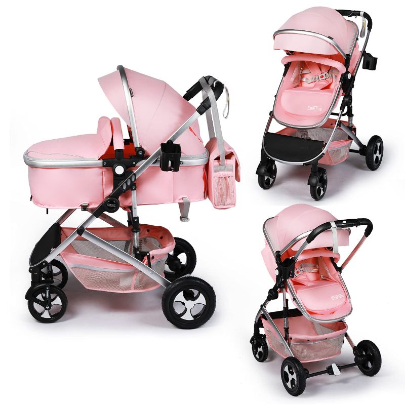 Photo 1 of Kinder King 2 in 1 Convertible Baby Stroller, Folding High Landscape Infant Carriage, Newborn Reversible Bassinet Pram, Adjustable Canopy, Diaper Bag, Anti-Shock Toddler Pushchair Stroller, Pink
