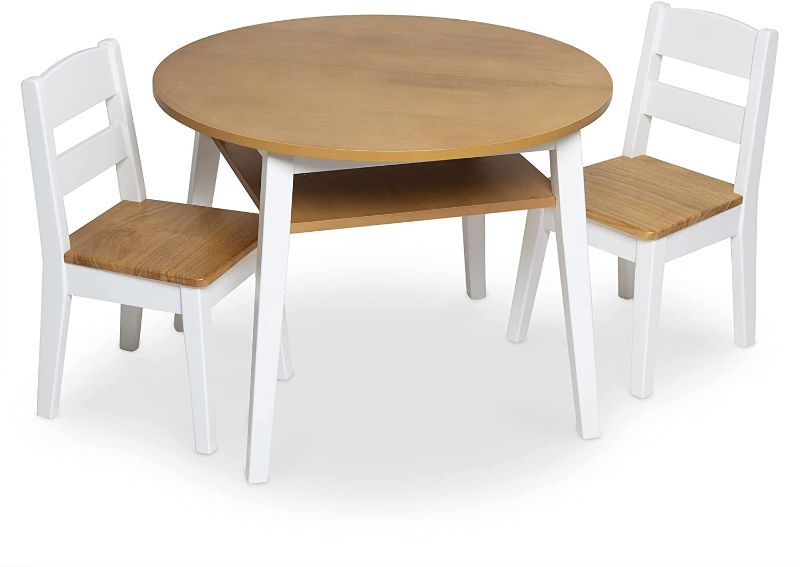 Photo 1 of Melissa & Doug Wooden Round Table and 2 Chairs Set – Kids Furniture for Playroom, Light Woodgrain and White 2-Tone Finish
