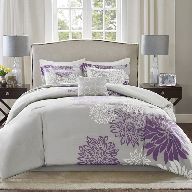 Photo 1 of Comfort Spaces - CS10-0024 Enya 5 Piece Comforter Set Ultra Soft Hypoallergenic Microfiber Floral Print Bedding, King, Purple/Grey
