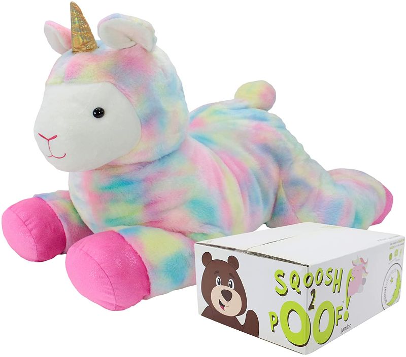 Photo 1 of Animal Adventure | Sqoosh2Poof | Jumbo Plush Character Compressed Inside Small Box | 44" Llamacorn
