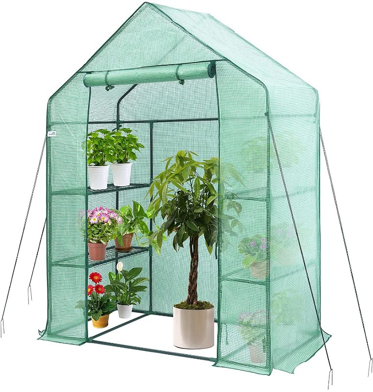 Photo 1 of Greenhouse, Hanience Walk-in Greenhouse with Anchors and Ropes, 3 Tier 4 Wired Shelves Indoor and Outdoor Greenhouse for Garden/Patio/Backyard/ Balcony, Green PE Cover
