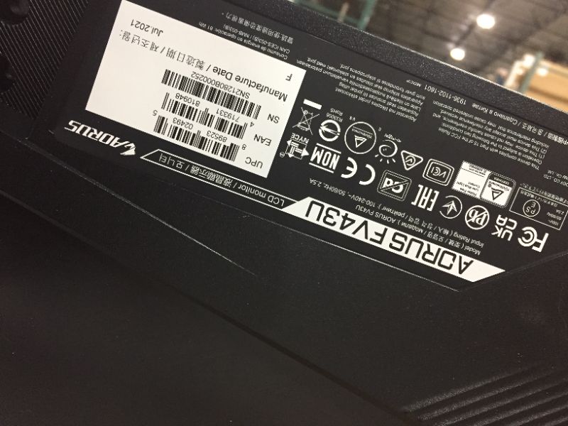 Photo 1 of AORUS FV43U 43" 144Hz 2160p HBR3, NVIDIA G-SYNC Compatible, Exclusive Built-in ANC, 3840x2160 Display, 1ms Response Time, HDR, 96% DCI-P3, 1x DisplayPort 1.4, 2X HDMI 2.1, 2X USB 3.0, 1x USB C. Line through screen. 