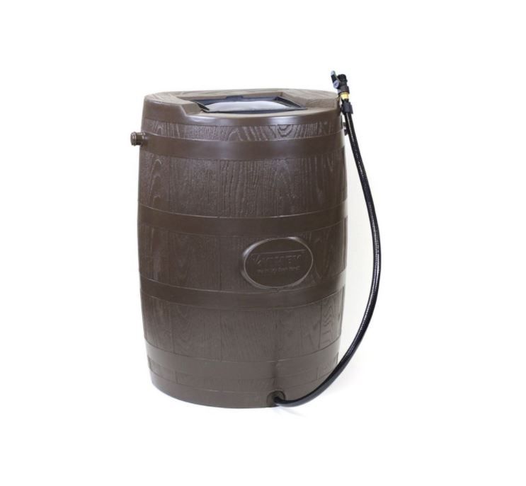 Photo 1 of 45 Gallon Plastic Half Barrel Rain Water Collection Barrel Drum with Garden Hose and Linking Kit, Brown