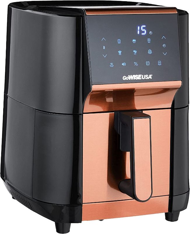 Photo 1 of GoWISE USA 7-Quart Air Fryer & Dehydrator - with Ergonomic Touchscreen Display with Stackable Dehydrating Racks with Preheat & Broil Functions + 100 Recipes (Black/Copper))