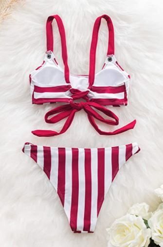 Photo 1 of CUPSHE Women's Stripe Buttoned Lace Up Back Two Piece Bikini Set Medium