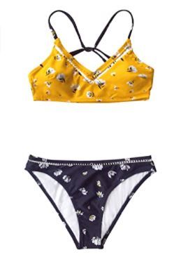 Photo 1 of CUPSHE Women's Yellow Black Floral V Neck Low Rised Bikini Sets Medium