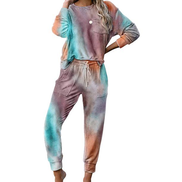 Photo 1 of Eyicmarn Women's 2 Piece Tie Dye Loungewear Set Sweatshirt and Jogger Sweatsuit Pajamas Nightwear Size XXL