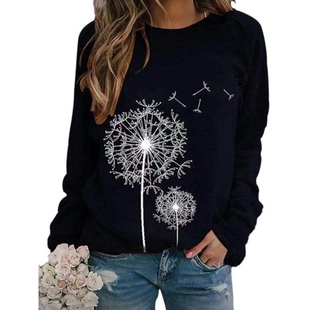 Photo 1 of Lumento Women Crew Neck Long Sleeves Dandelion Printed Pullover Top Blouse Tee Shirts size large