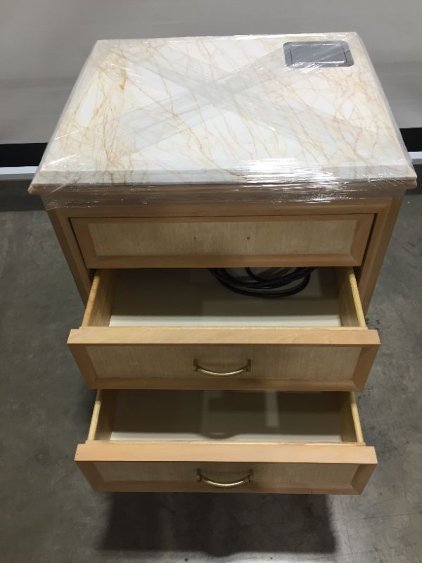 Photo 4 of 2 DRAWER NIGHT STAND WITH FAUX MARBLE TOP H 29 INCH W 22 INCH L 26 INCH, includes three prong port with USB attachment 