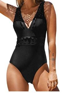 Photo 1 of CUPSHE Women's Solid Black V Neck Mesh One Piece Swimsuit size L
