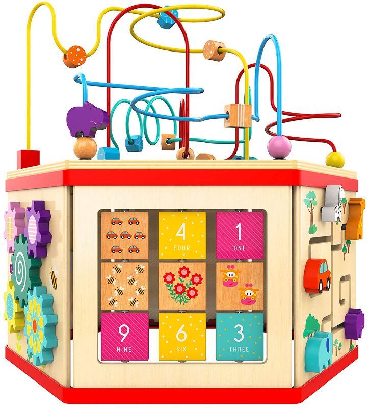 Photo 1 of Wooden Activity Cube - Bead Maze Toy Gear for Toddler Kid, Counting Toys for 1year Old Baby Girls Gift
