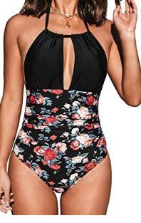 Photo 1 of CUPSHE Women's Black Floral Plunging Halter Open Back One Piece Swimsuit SIZE M
