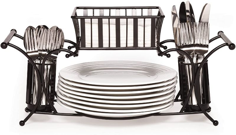 Photo 1 of Gourmet Basics by Mikasa Band and Stripe Metal Hostess Flatware Napkin and Plate Tabletop Buffet Picnic Caddy
