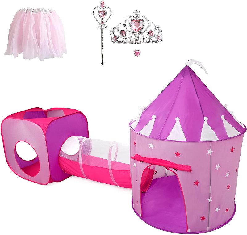 Photo 1 of Gift for Girls, Princess Tent with Tunnel, Kids Castle Playhouse & Princess Dress up Pop Up Play Tent Set, Toddlers Toy Birthday Gift Present for Age 3 4 5 6 7 Years, Glow in The Dark Stars, Indoor
