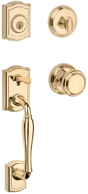 Photo 1 of Baldwin Wesley Single Cylinder Front Door Handleset Featuring SmartKey Security in Polished Brass, Prestige Series with Traditional Door Hardware and Alcott Knob - 91800-033
