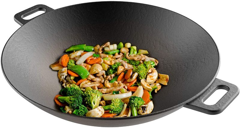 Photo 1 of Classic Cuisine Cast Iron Wok-14” Pre-Seasoned, Flat Bottom Cookware with Handles-Compatible with Stovetop, Oven, Induction, Grill, or Campfire
