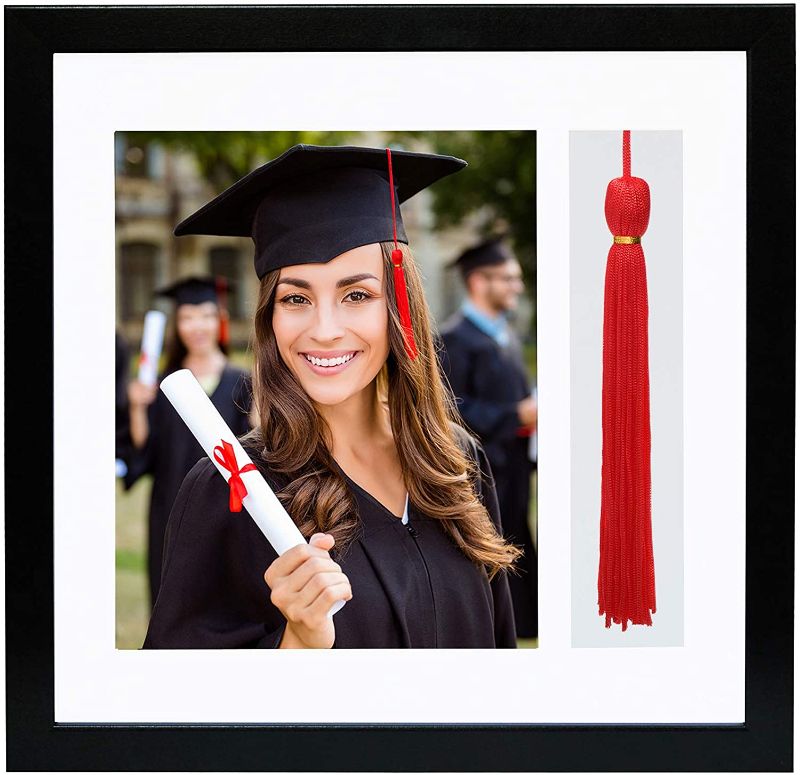 Photo 1 of Americanflat 13x13 Black Graduation Frame | 2 Opening Mat Displays 8"x10" Photo and Tassle. Tempered Shatter-Resistant Glass. 2X Sawtooth Hangers.
