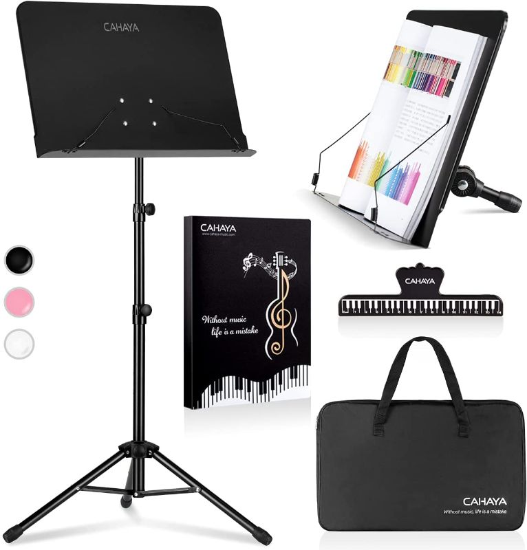 Photo 1 of CAHAYA 4 in 1 Dual-use Sheet Music Stand & Desktop Book Stand Metal Portable Solid Back with Carrying Bag, Sheet Music Folder & Clip, Projector Stand, Laptop Bible Book Tablet Stand CY0194
