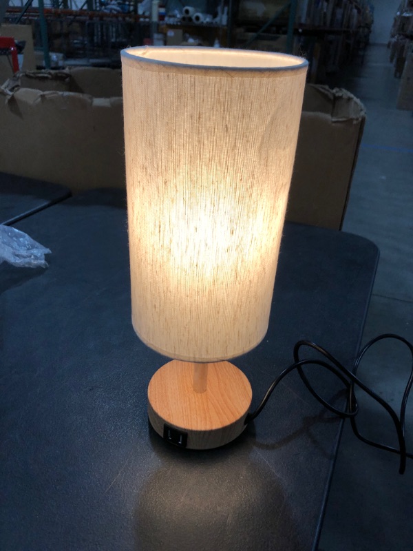 Photo 2 of Bedside Lamp with USB Port - Touch Control Table Lamp for Bedroom Wood 3 Way Dimmable Nightstand Lamp with Round Flaxen Fabric Shade for Living Room, Dorm, Home Office (LED Bulb Included)
