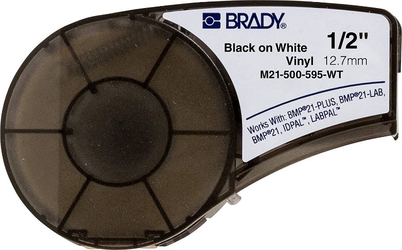Photo 1 of Brady Authentic (M21-500-595-WT) All-Weather Vinyl Label for Indoor/Outdoor Identification, Laboratory and Equipment Labeling, Black on White material - Designed for BMP21-PLUS and BMP21-LAB Label Printers, .5" Width, 21' Length
