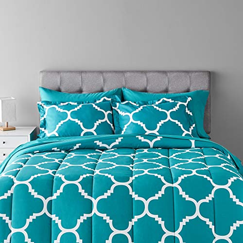 Photo 1 of Amazon Basics 7-Piece Lightweight Microfiber Bed-In-A-Bag Comforter Bedding Set - Full/Queen, Teal Trellis