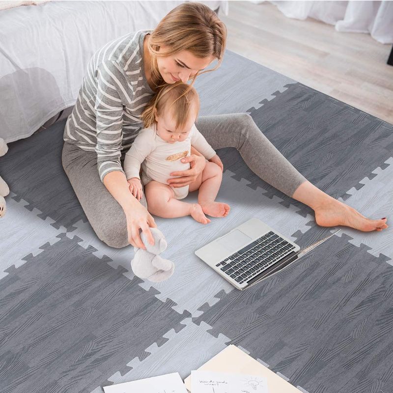 Photo 1 of FORSTART 59x59x0.79inch Baby Printed Wood Grain Play Mat(9 Pieces, 0.8inch Thick),Interlocking Soft Foam Floor Mat in White and Gray for Kids, Toddlers, Babies
