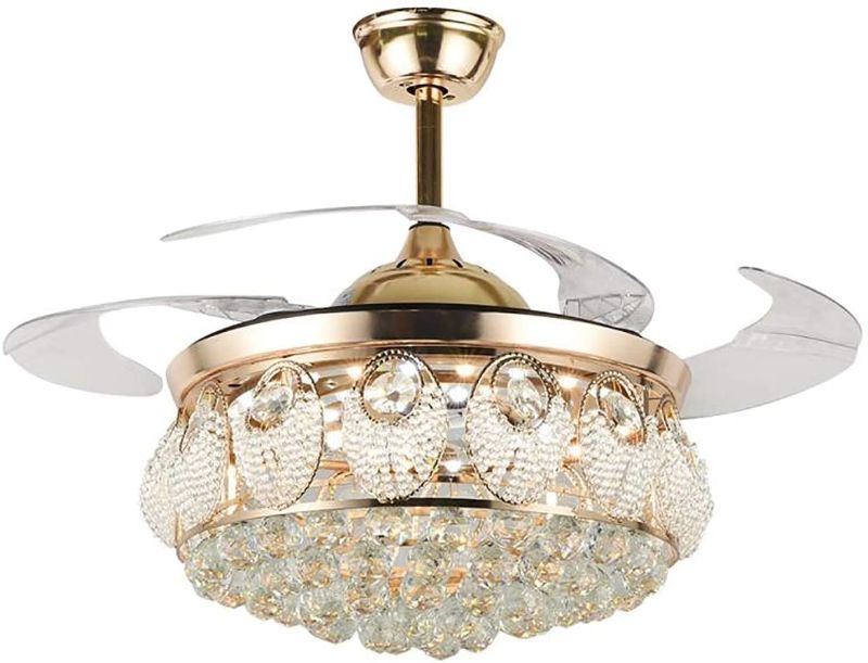 Photo 1 of 42'' Crystal Ceiling Fan Lights with Remote, Modern Luxury Retractable ABS Blade Chandelier, LED 3 Colors Changes Lighting Ceiling Fans for Living/Dining Room/Bedroom(Gold)
