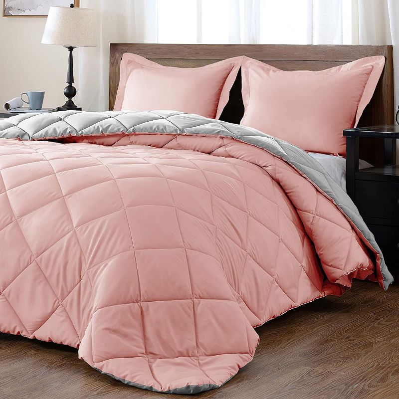 Photo 1 of downluxe Lightweight Solid Comforter Set (Queen) with 2 Pillow Shams - 3-Piece Set - Pink and Grey - Down Alternative Reversible Comforter
