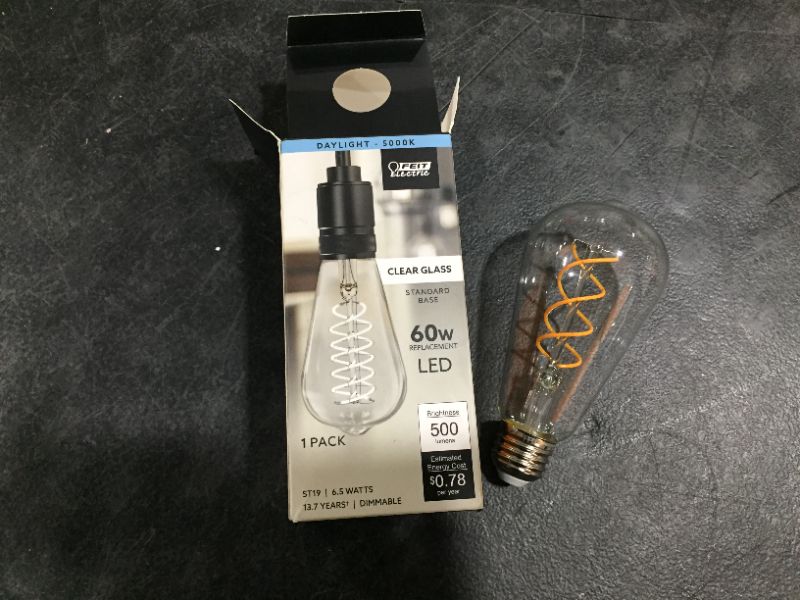 Photo 2 of Feit Electric 60-Watt Equivalent ST19 Dimmable Spiral Filament Clear Glass E26 Vintage Edison LED Light Bulb, Daylight
